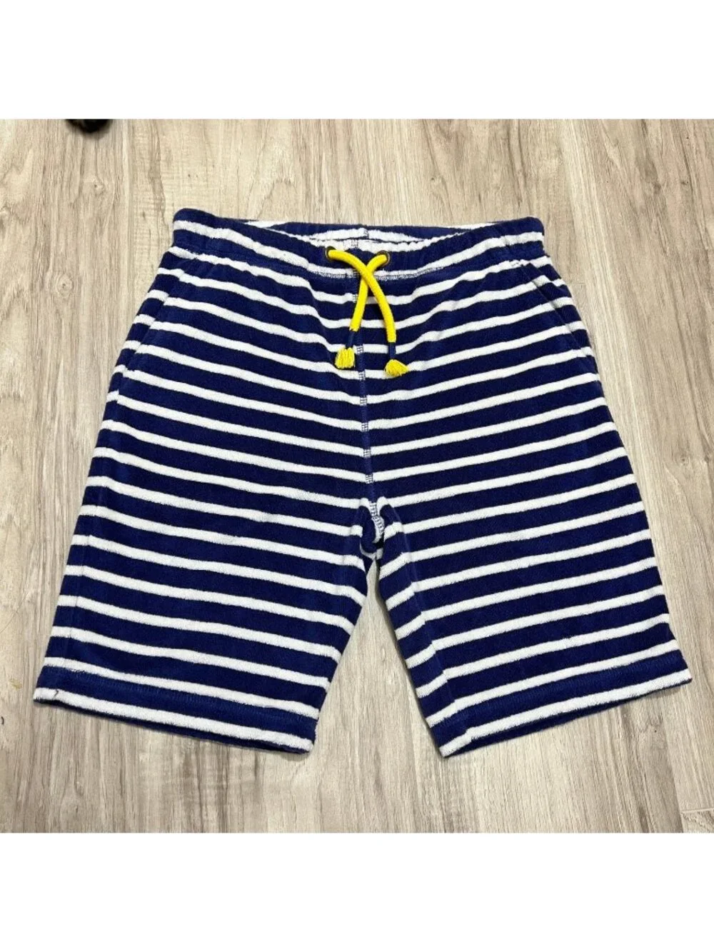 Mini Boden Toweling Shorts Size 10Y Blue White Striped Terry Cloth Yellow Pocket